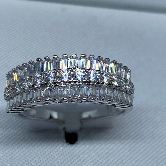 Seta Jewelry Platinum Plated Emerald Cut Purple Crystal and Baguette Cubic Zirconia Eternity 3 Piece Ring Set